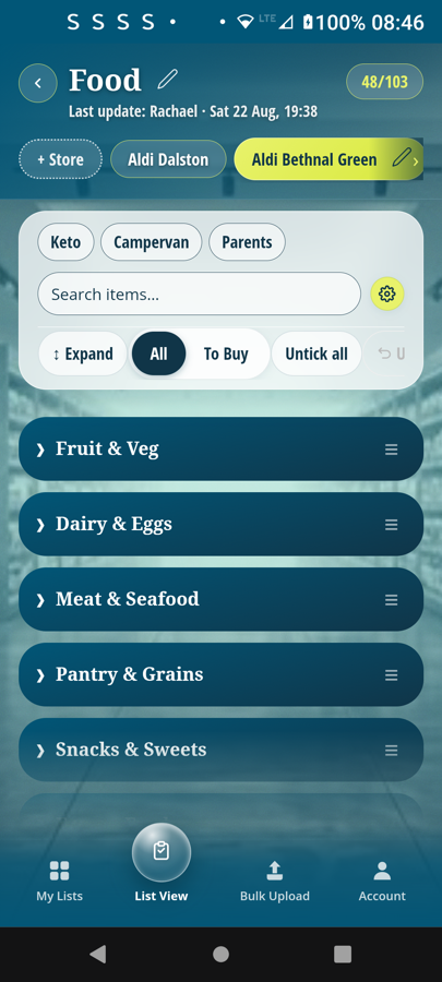 Same Food list at Aldi Bethnal Green — Fruit & Veg first in this store's layout