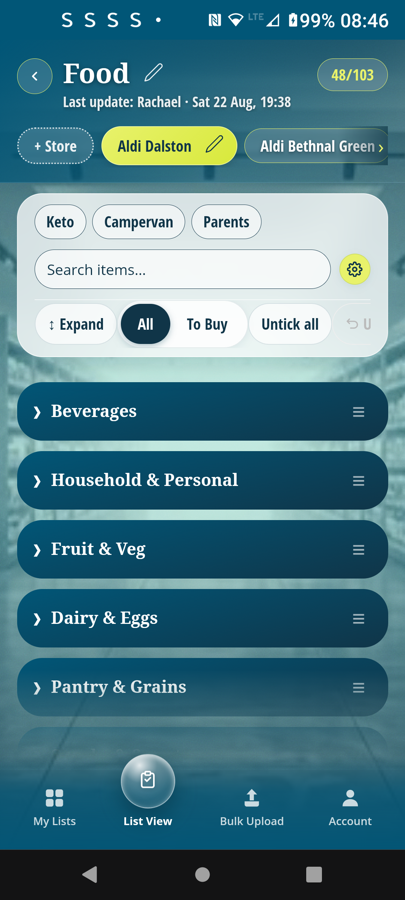 Beverages section showing items ticked by Mike and Rachael with timestamps — live sync in action