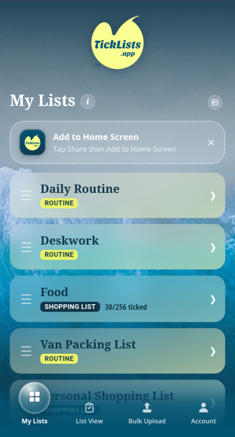 My Lists screen showing Daily Routine, Deskwork, Van Packing List and Food shopping list