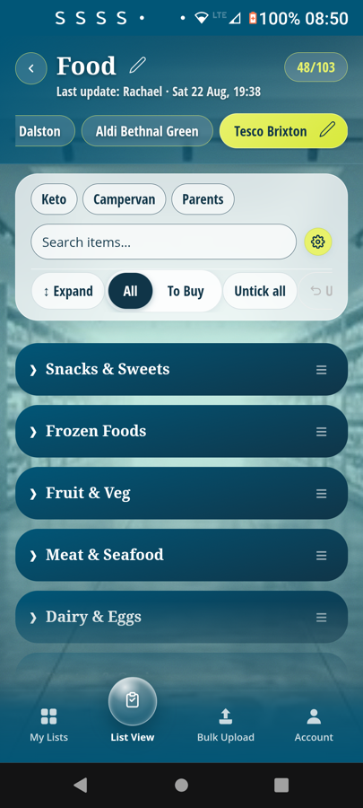 Same Food list at Tesco Brixton — Snacks & Sweets first in Tesco's layout