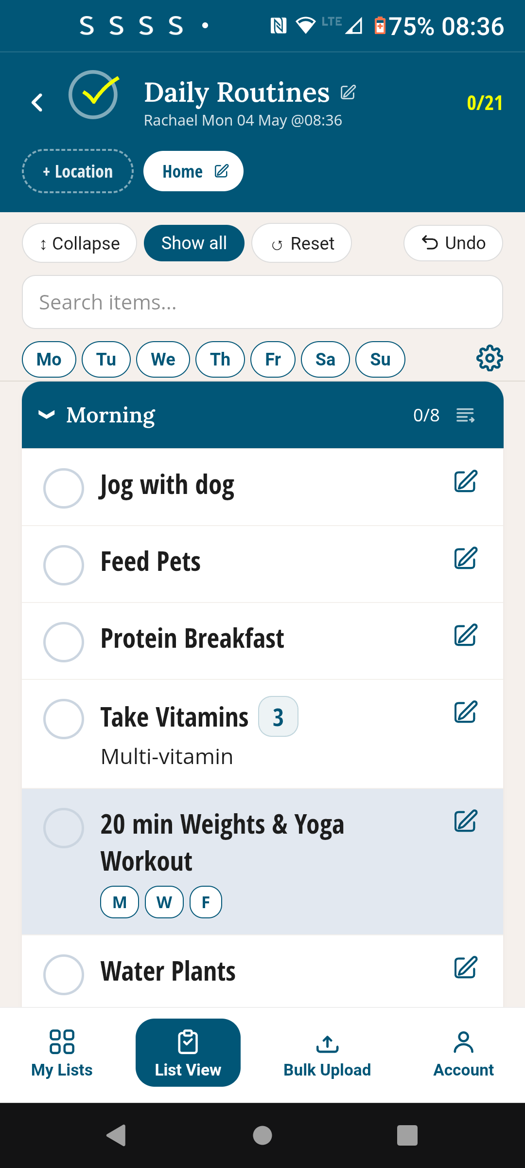 TickLists daily routine screen