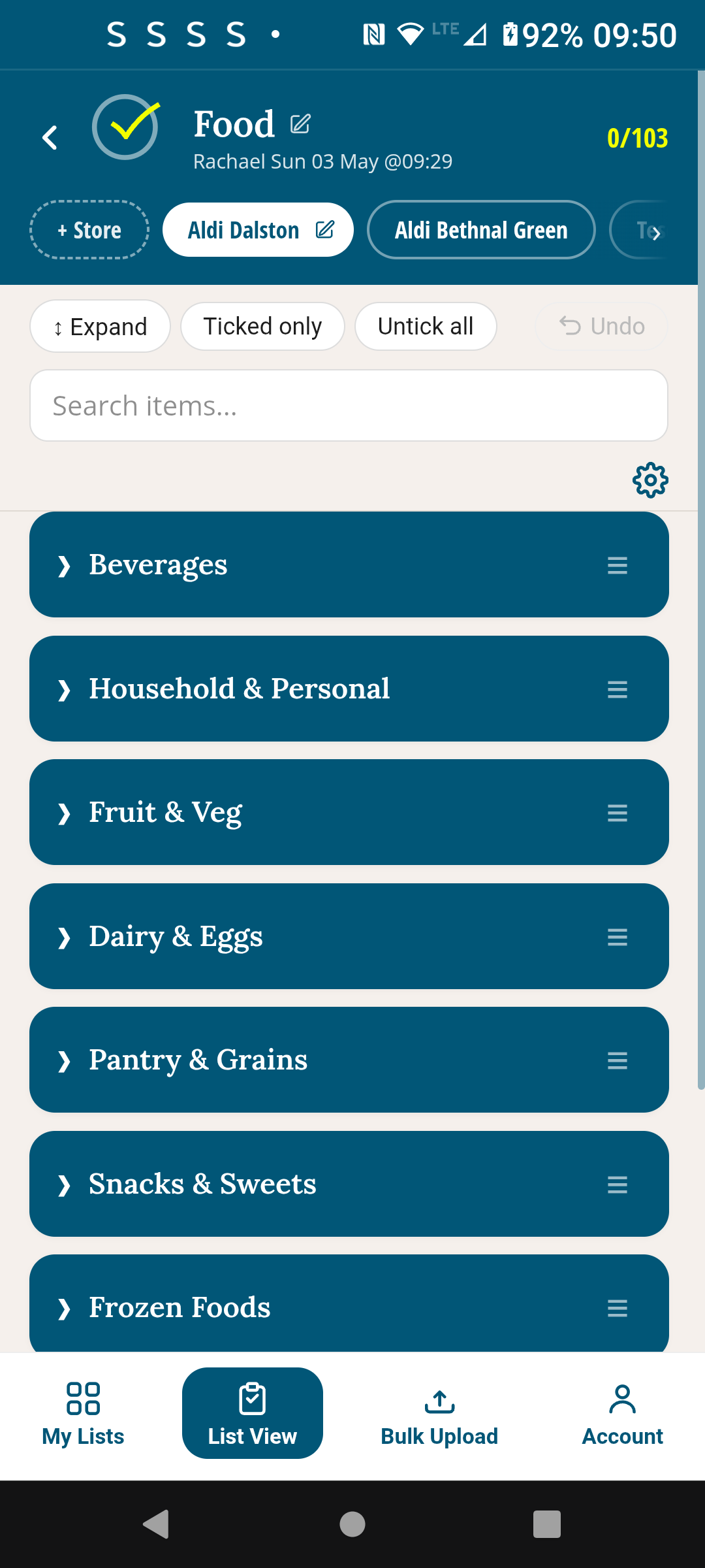 Food list at Aldi Dalston — Beverages first in this store's section order
