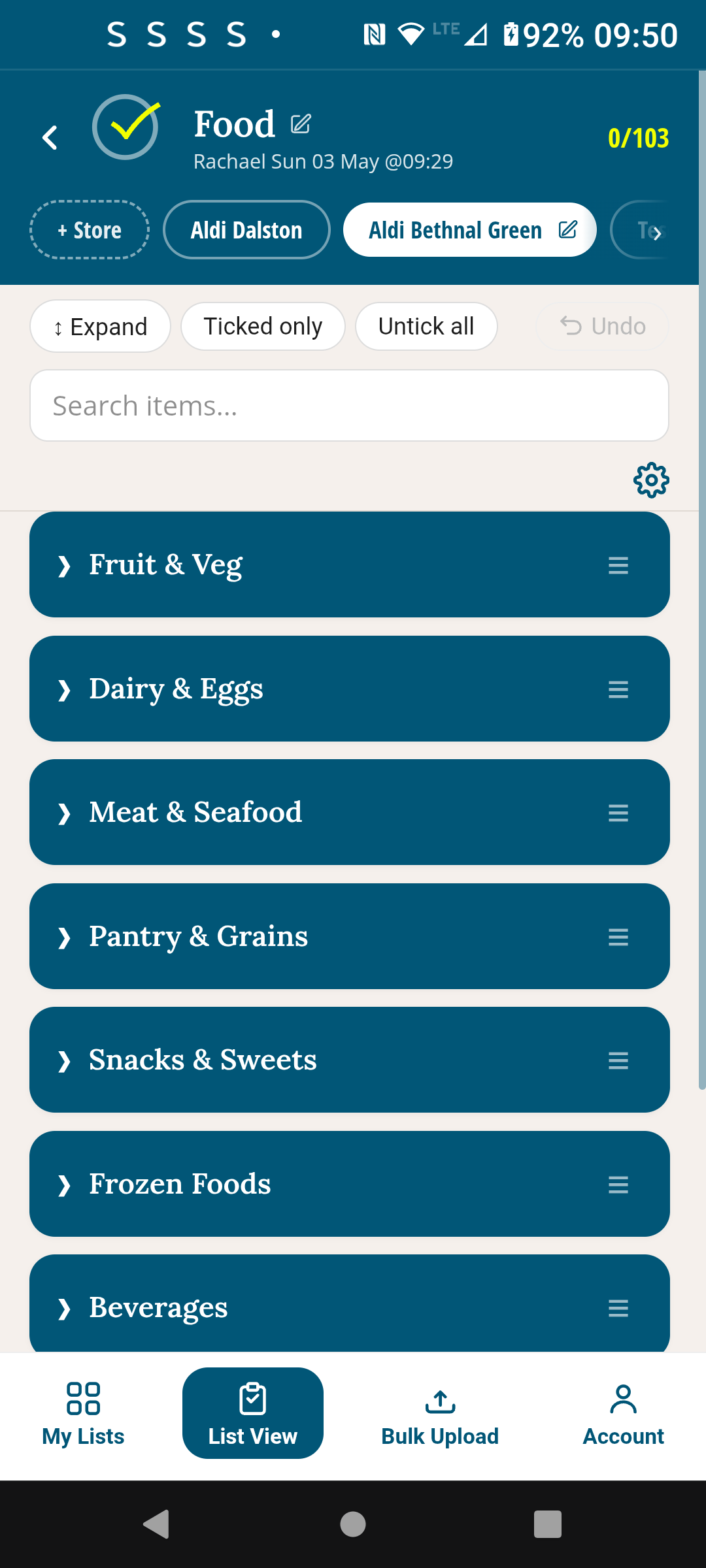 Same Food list at Aldi Bethnal Green — Fruit & Veg first in this store's layout