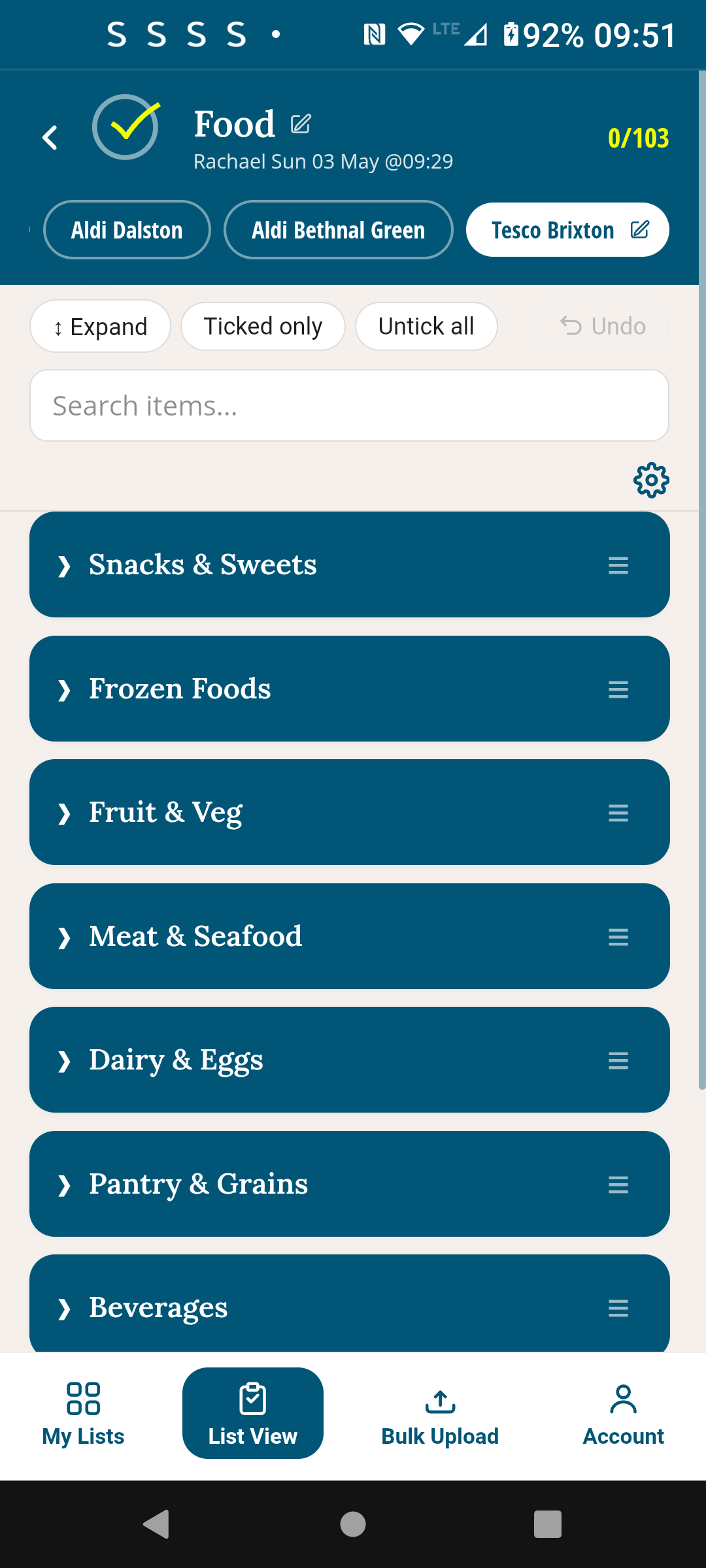 Same Food list at Tesco Brixton — Snacks & Sweets first in Tesco's layout