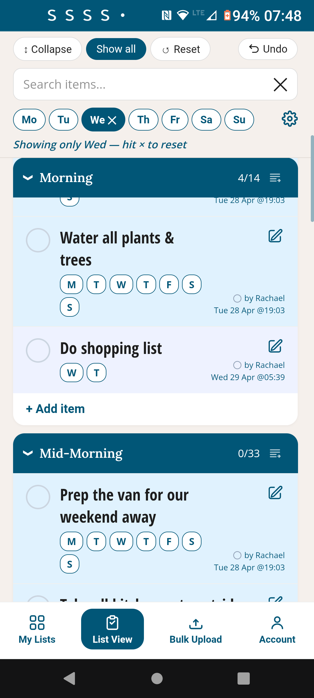 Daily routine filtered to Wednesday showing Morning and Mid-Morning sections with day tags