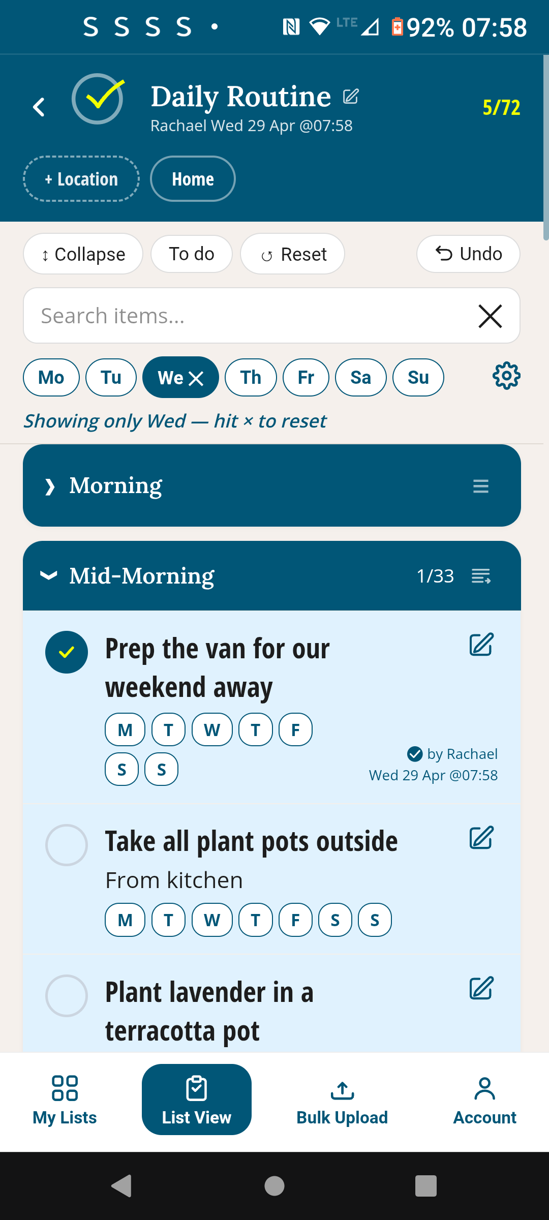 Routine after ticking — item ticked off with timestamp