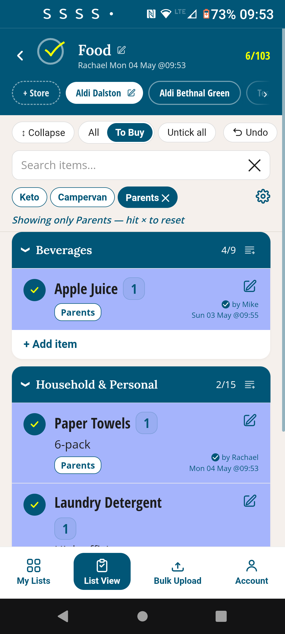 TickLists shared shopping list showing Parents tag — tick items as they run out