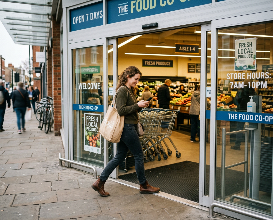 A woman walking into a supermarket holding her phone