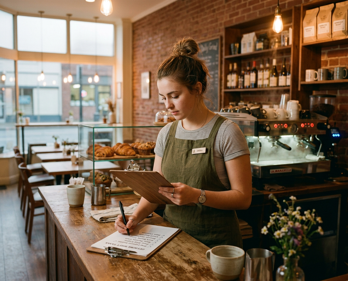 A barista or café worker doing their opening checklist