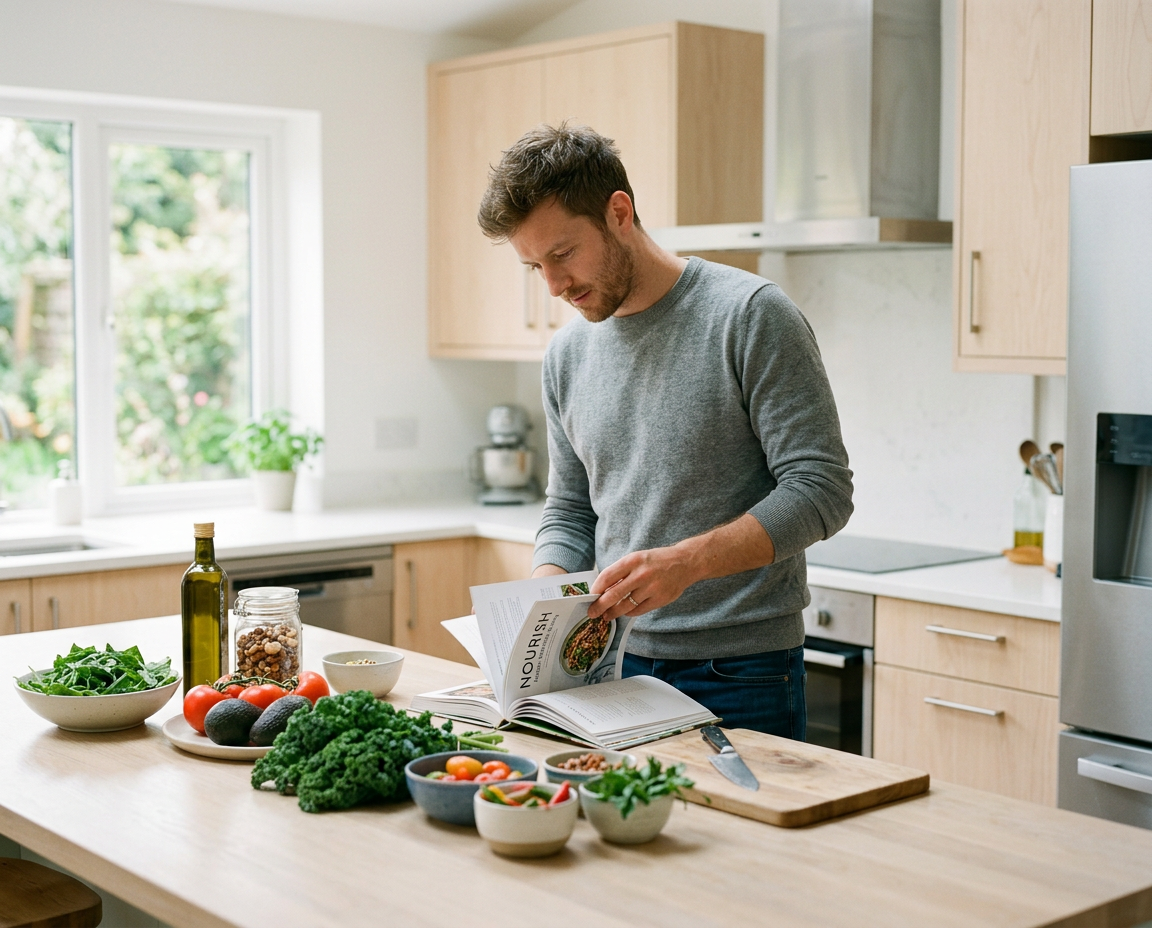 Man in a bright kitchen with a cookbook and healthy ingredients