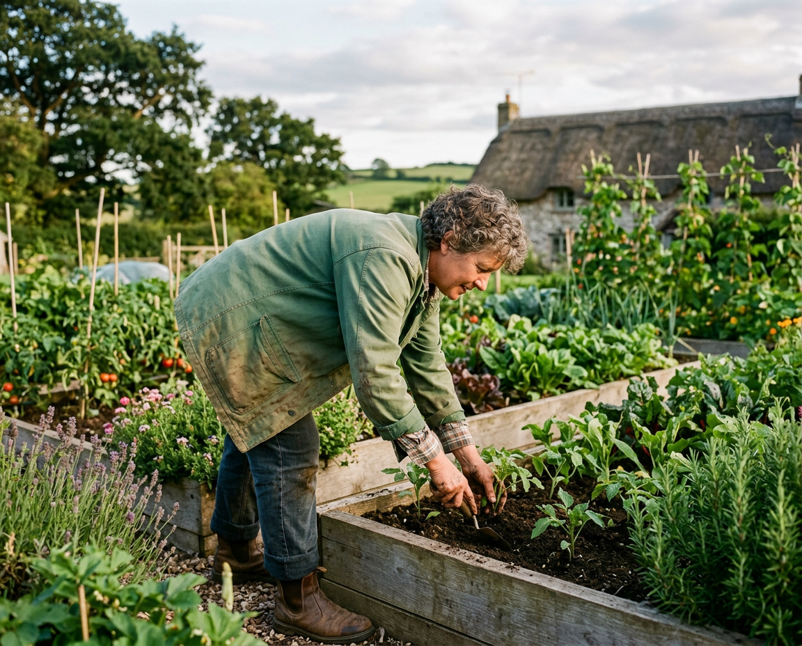 A person tending to a large garden or property