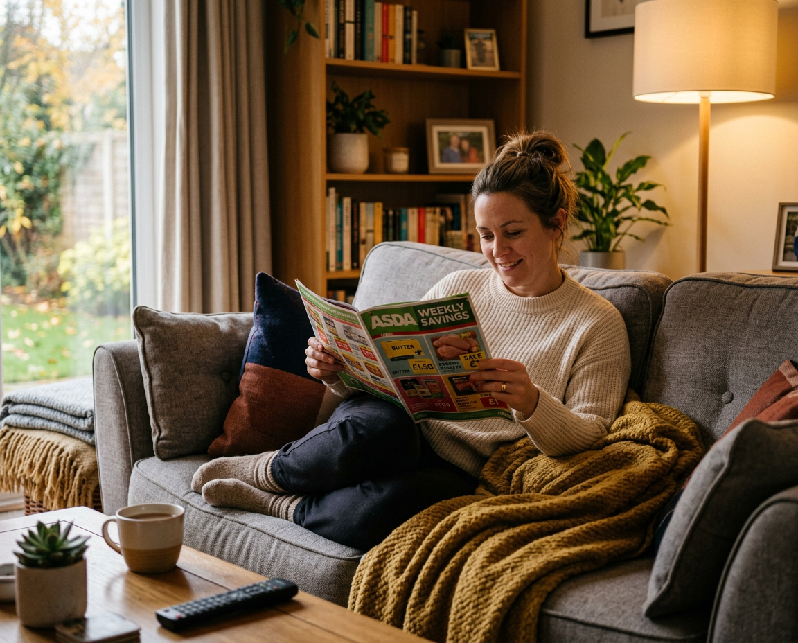 A woman in a lounge reading a supermarket offers magazine