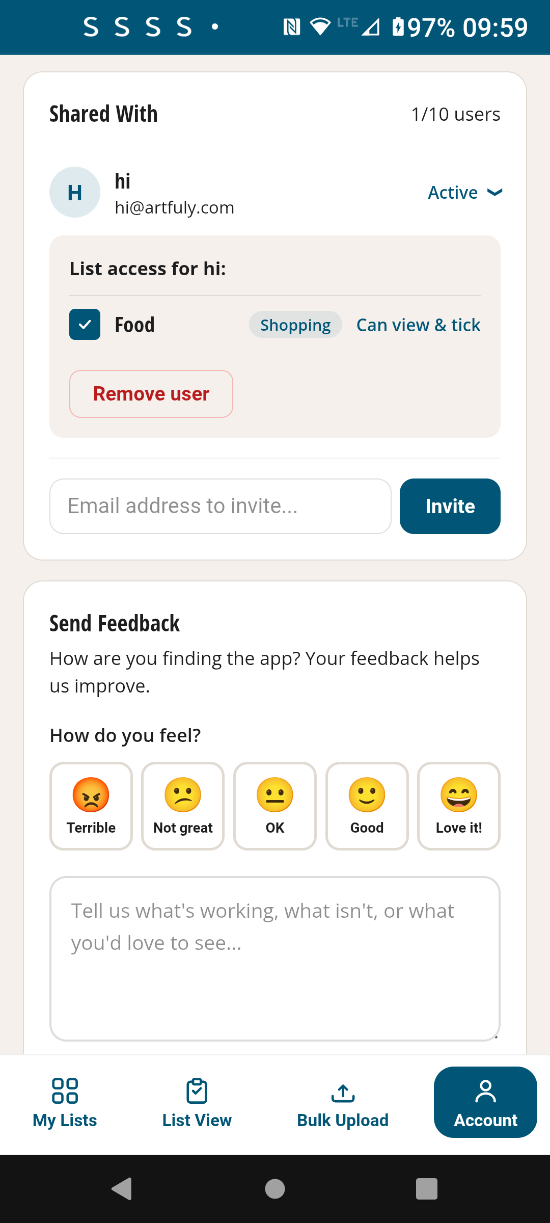 TickLists shared list — shows who you're sharing with